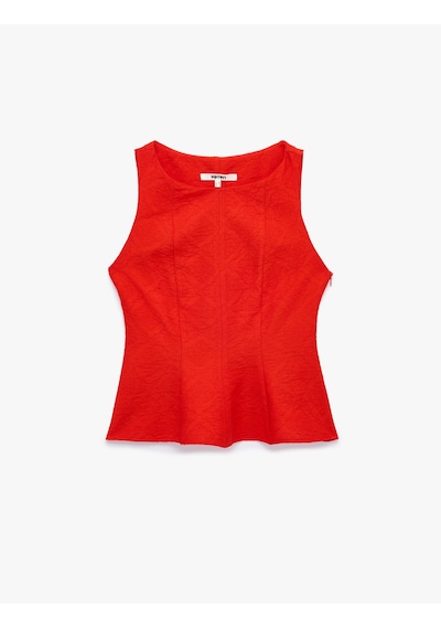 Koton Viskon Kumaş Floral Dokulu Kolsuz Bisiklet Yaka Peplum Bluz Kırmızı 6sak30097pw