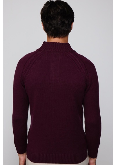 Tudors Erkek Slim Fit Dar Kesim Dik Yaka Düğmeli Bordo Triko Triko Kazak-29592-bordo Bordo