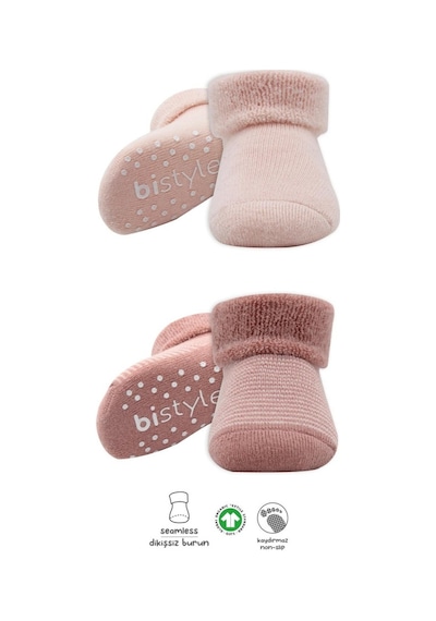Akıllı Bayi 2'li Çemberli Kaymaz Havlu Soket Çorap 10503 Pudra Pembe Renkli
