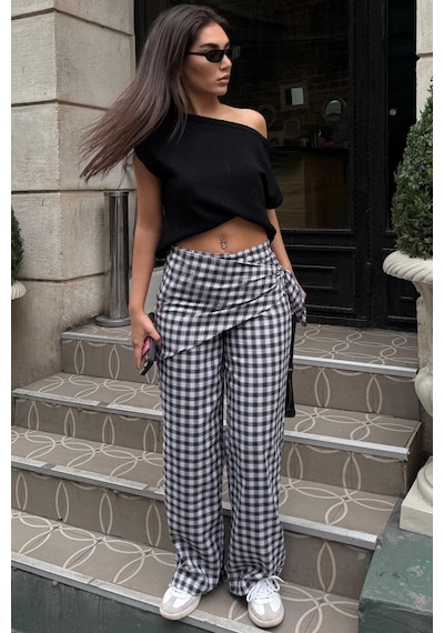 Madmext Siyah Fularlı Ekose Pantolon Mg2734