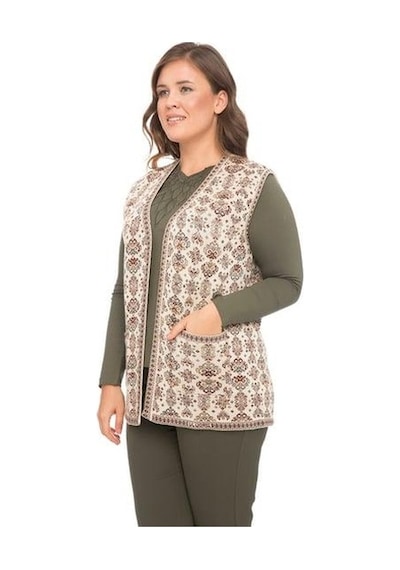 Kadın Etnik Model Triko Örgü Kilim Yelek 1070-krem Rengi Krem