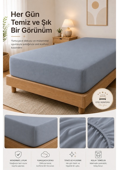 %100 Pamuk Penye Lastikli Çarşaf - Çift Kişilik Gri