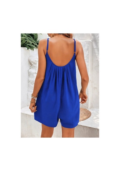 Butik İstanbul Kadın Ip Askılı Yuvarlak Yakalı Pileli Kısa Arobin Tulum Saks Mavi