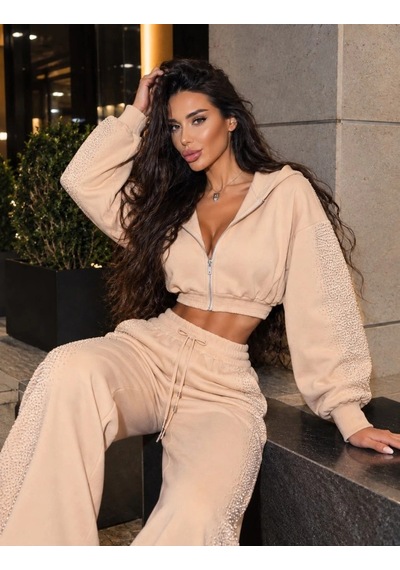 Zennamoda Kadın Taş Baskı Detaylı Fermuarlı Crop Sweatshirt Ve Geniş Paça Eşofman Takımı Bej Zennamoda Kadın Taş Baskı Detaylı Fermuarlı Crop Sweatshirt Ve Geniş Paça Eşofman Takımı Bej