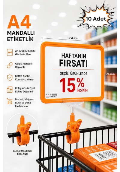 10 Adet - A4 Mandallı Fiyatlık Etiketlik Sepet Raf Askılık Fiyat Etiketi Çerçeveli Market Mağaza Turuncu