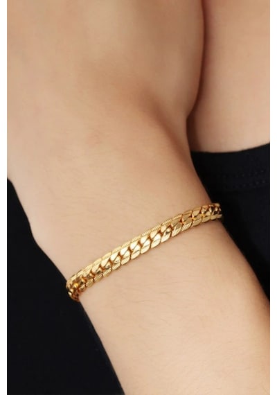 Gold Ezme Yassı Yılan Çelik Unisex Kolye Ve Bileklik Seti Eck37S