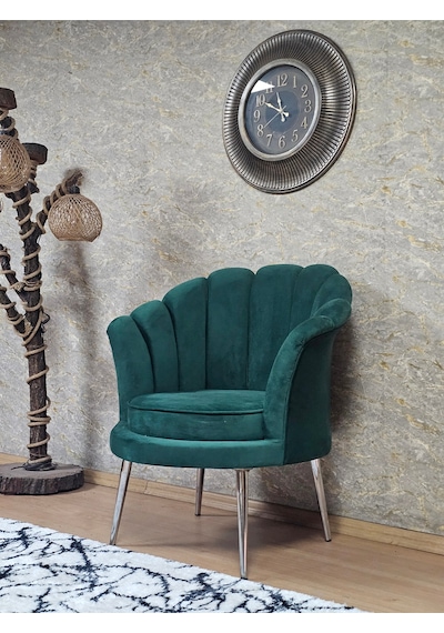 Zafir Tekli İstiridye Krom Kaplama Sivriltme Ayak Çay Seti Koltuk Tekli Berjer , Balkon, Salon, Ofis Yeşil