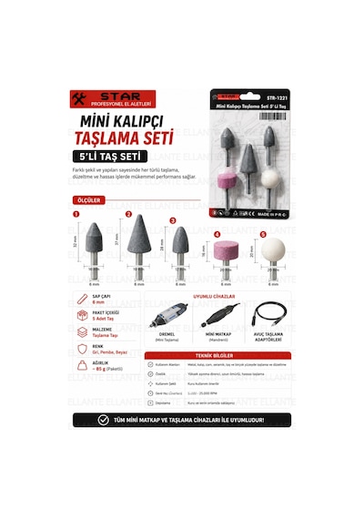 Mini Kalıpçı Taşlama Seti 5'li Taş Seti Metal, Cam, Seramik Ve Taş İçin Hassas Taşlama 6 Mm Sapl