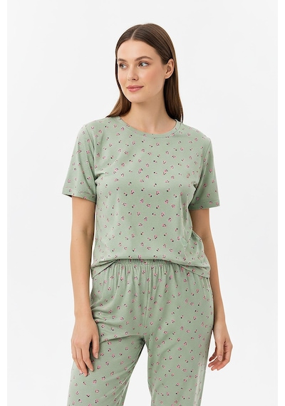 Kompedan Kadın Bisiklet Yaka Yumuşak Dokulu Çiçek Desenli Kısa Kol Pijama Takım Mint 70132-142