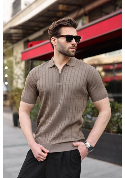 Açık Kahverengi Polo Yaka Slim Fit Triko Erkek Tişört E7465 Açık Kahverengi