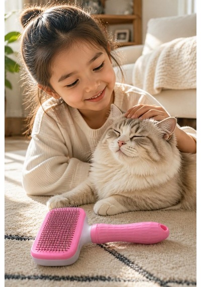 Otomatik Temizlenen Kedi Köpek Tarağı Pembe Kare