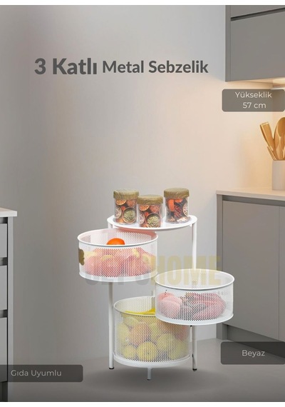 3 Katlı Sebzelik Açılır Metal Patates Soğan Sepeti Paslanmaz Meyvelik Organizer Sepet Beyaz Beyaz