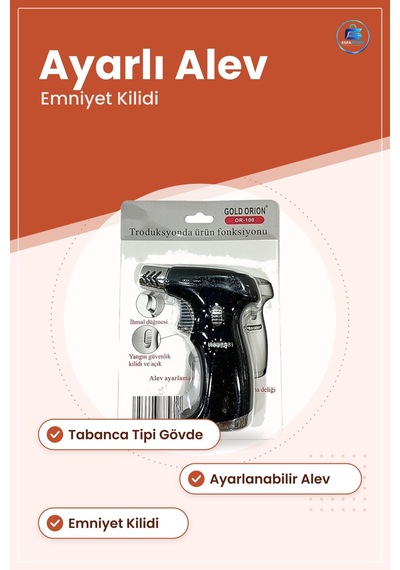 Pürmüz Çakmak Tabancalı Torç Alevli Siyah Metal Gövde Ayarlanabil