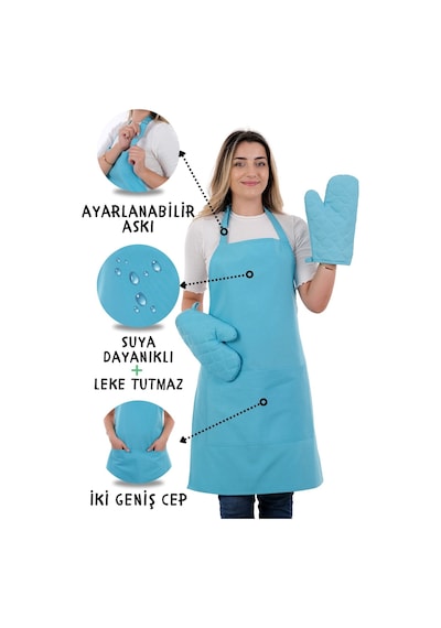 Simple 3lü Set Ayar Askılı Cepli Mutfak Önlüğü Seti 2 Eldiven Şef Garson Kafe Aşçı Barista Açık Mavi