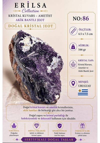Sertifikalı Doğal Ametist Jeodu Akik Bantlı Kristal Kuvars Ham Ka 37529151
