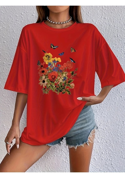 Unisex Pamuklu Butterfly Flowers Ön Baskılı Tasarım Tshirt Kırmızı