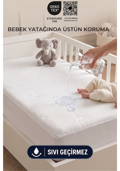 Babydry Bambu Desenli Oeko-tex Sertifikalı Sıvı Geçirmez Bebek Alezi - Fitted Yumuşak Dokulu Bebek Yatak Koruyucu Beyaz