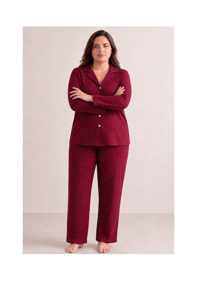 Fit Women Kadın Rahat Puantiyeli Düğmeli Kırmızı Pijama Takımı 824