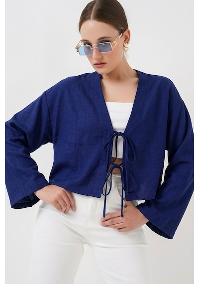 Hiccup Bdart Keten Karışımlı Bağlama Detaylı Uzun Kollu Kimono Kobalt Mavisi