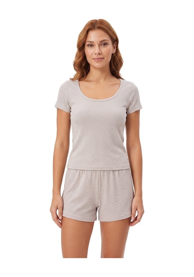 Cottonill Premium - Neat Collection Gri Rib Dokulu Yuvarlak Yaka Modal Viskon Şortlu Kadın Pijama Takımı