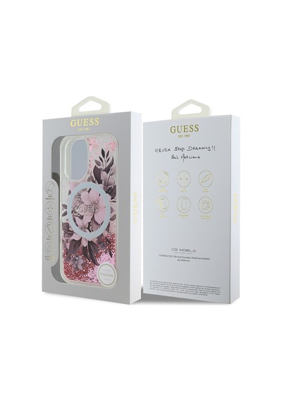 Apple Uyumlu iPhone 16 Plus Kılıf Guess Lisanslı Magsafe Şarj Özellikli Sıvılı Simli Çiçek Desenli Pembe