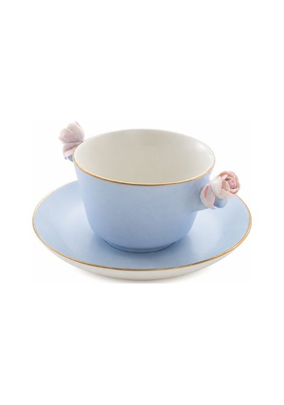 Villari Baby Blue-pink Çay Fincanı & Tabağı İtalyan El Yapımı Porselen, Lüks Koleksiyon Mavi