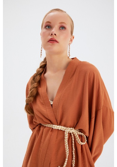 Sateen Kuşak Detaylı Salaş Kimono- Taba
