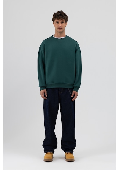 Vamos Basic Bisiklet Yaka Oversize Sweatshirt Nefti Yeşil