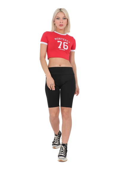 Sortie Collection Bisiklet Yaka Önü Baskılı Pamuklu Crop Tişört Kırmızı