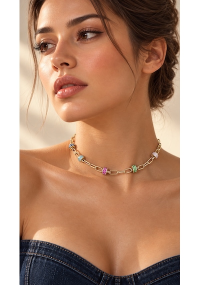 Valmont Accessories Renkli Taşlı Gold Kolye Ve Bileklik Seti - Düğün, Kına, Nişan Gelin Takı Seti