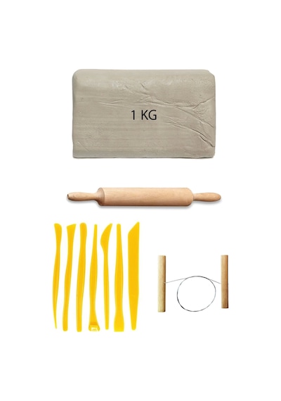 Beyaz Seramik Hamuru 1 Kg Plastik Ebeşuar Seti Kil Seti Seramik Kili Ahşap Merdane Çamur Kesme Teli