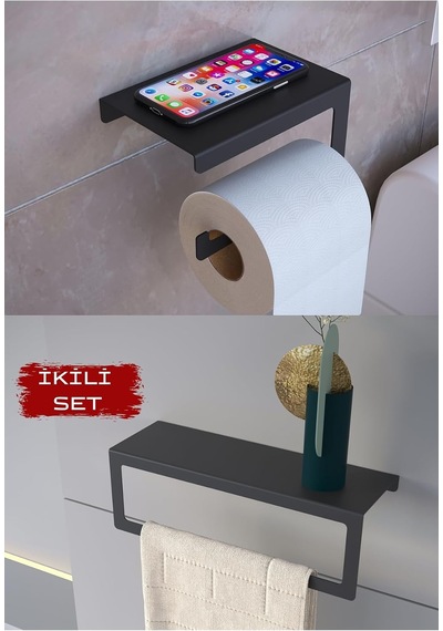 Metal Modern Banyo Askılığı Ve Tuvalet Kağıdı Askılığı Ikili Set Siyah Diğer
