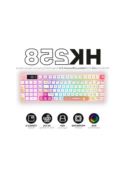 Hawk Gaming Hk258 Membrane Lcd Rgb Kablosuz/bluetooth Siyah Turuncu Full Türkçe Gaming Klavye Beyaz Pembe