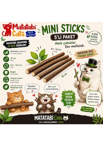 Mini Sticks 5'li Doğal İnce Matatabi Çubuğu Kedi Oyuncağı İnce Çiğneme Çubuğu Kedi Diş Bakımı 12 Cm