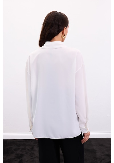 Sateen Çıtçıt Detaylı Gömlek - Ekru-136898 ekru
