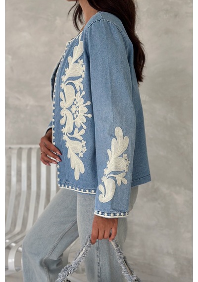 Femelle Kadın Mavi Vintage Nakışlı Kot Denim Ceket Lacivert