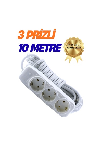Klc 3'lü Grup Priz 10 Metre Topraklı Çocuk Korumalı Uzatma Kablosu Seyyar Kablo 3lü Priz 3lü 10m Beyaz 8 - 10 M