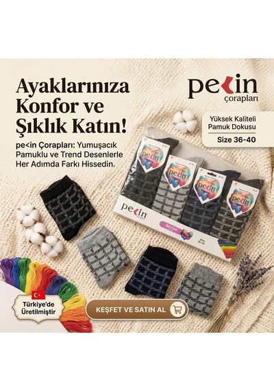 Pelin Bayan Çorap 36-40 Numara 6'lı Paket - Desenli Pamuklu Soket Çorap Siyah, Gri, Lacivert