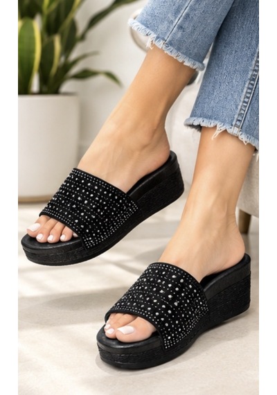 N Napa Shoe Snp-990- Siyah Taş Detaylı Dolgu Topuk Kadın Terlik