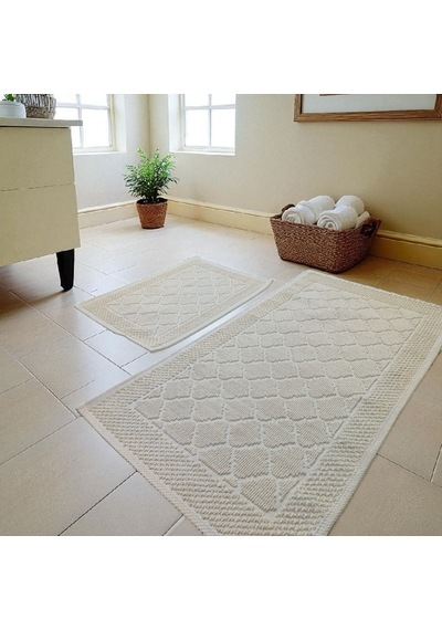 Banyo Pamuk Paspas Seti, Kaymaz Taban, Şık Ve Dayanıklı 60x100 / 60x50 Ölçülerinde Krem
