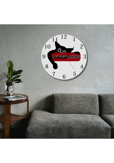 Beni Sever Misin Tasarımlı Siyah Kedi Metal Duvar Saati - 29 Cm Modern Mutfak Ve Salon Saati Beyaz