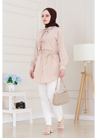 Sevitli Cepken Detaylı Bağlamalı Keten Tunik-bej-5114 Bej