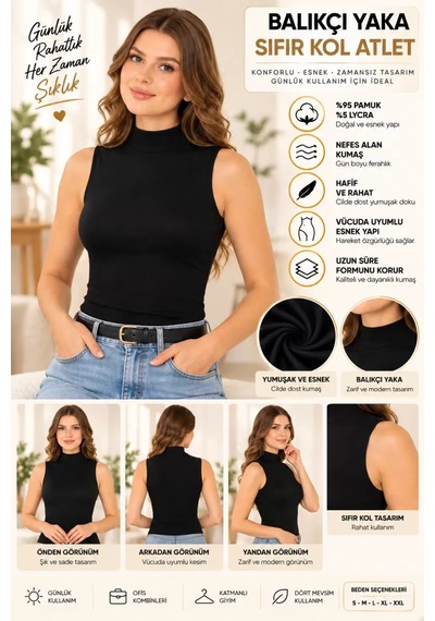 Kadın Balıkçı Yaka Sıfır Kol Atlet Siyah, Esnek Kumaş, Vücuda Oturan Basic Kolsuz Body - Ryl - 2614