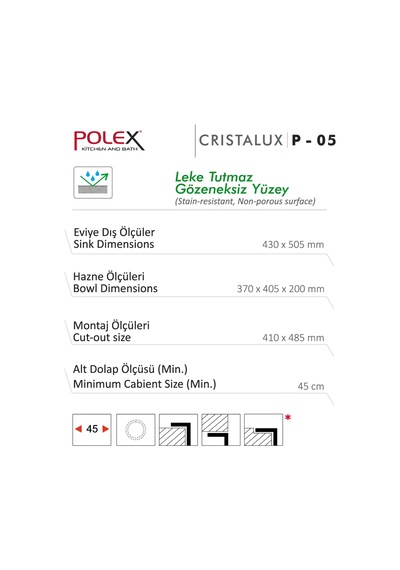 Polex Cristalüx Granit Evye P-05 Gri Tezgah Altı Ve Tezgah Üstü Kare Mutfak Evyesi 41x51 CM
