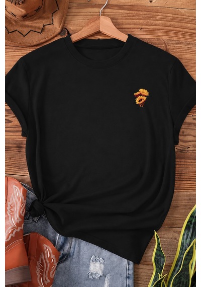 Spoyi Bold Sunflower Tasarımlı %100 Pamuk Yarım Oversize Siyah T-shirt