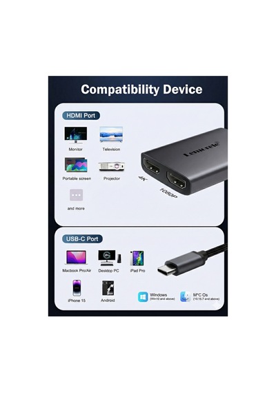 Lemorele Hd30 Type-c To Çift Hdmı 4k 30hz + 1080p 60hz Dual Çoklayıcı Görüntü Aktarıcı Dönüştürücü Adaptör