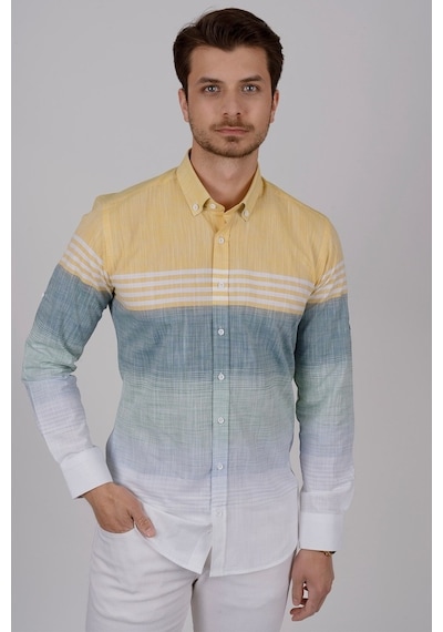 Panolu Sarı Yeşil Slimfit Keten Erkek Gömlek Sarı
