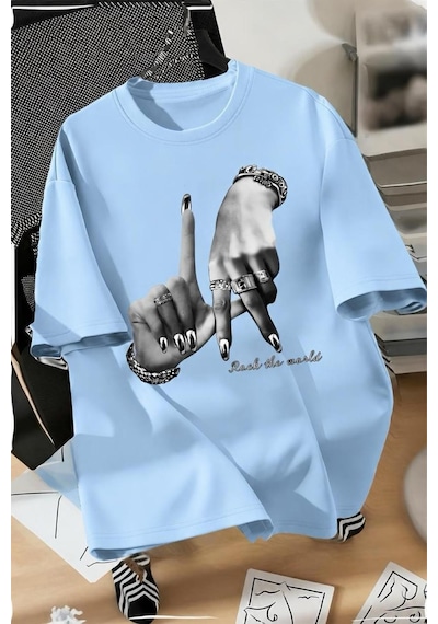 La El İşareti Ön Baskılı Sokak Modası Unisex T-shirt Turkuaz