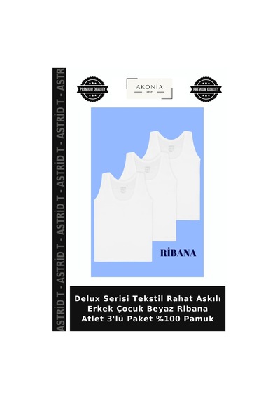 Astrid T Delux Serisi Tekstil Rahat Askılı Erkek Çocuk Beyaz Ribana Atlet 3'lü Paket %100 Pamuk