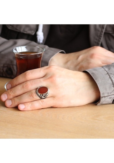 925 Ayar Gümüş Örgü Desen Düz Akik Taşlı Ay Yıldız Işlemeli Yüzük